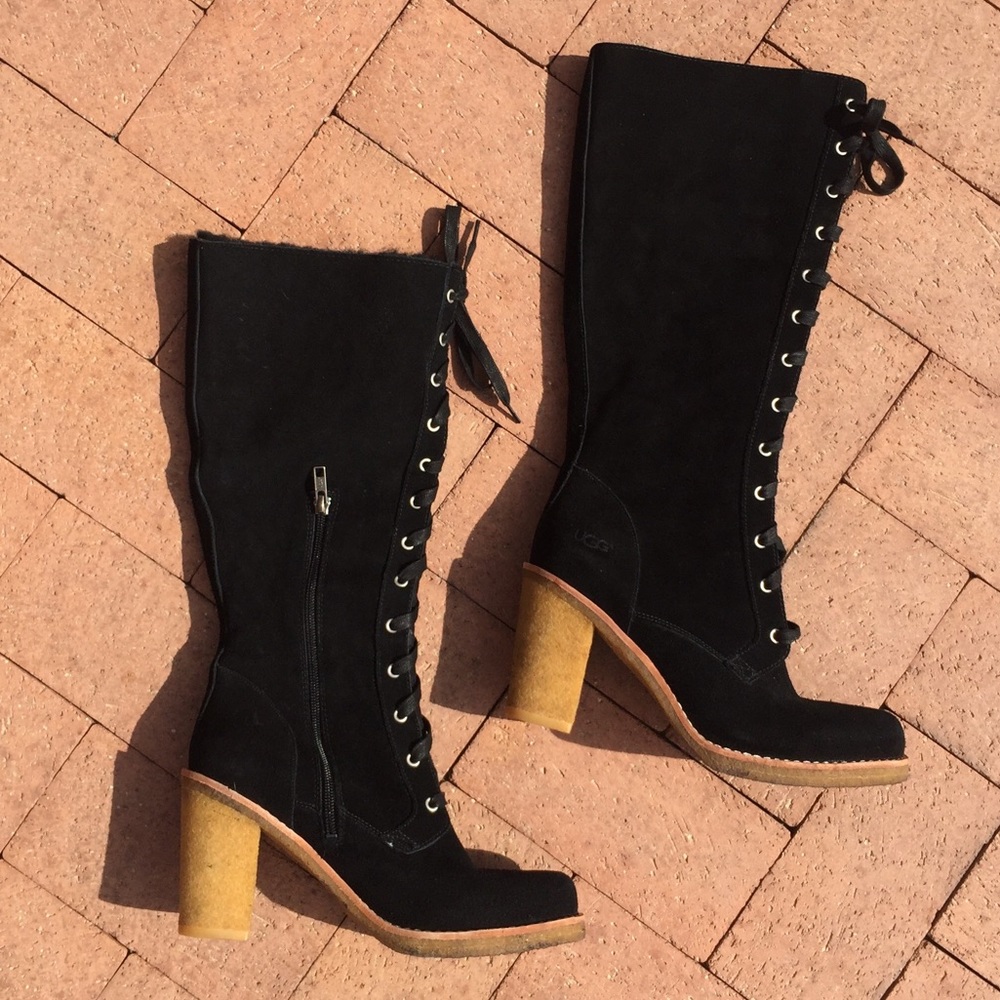 🖤SALE UGG Aubree Tall Black Suede Heeled Boots 👢